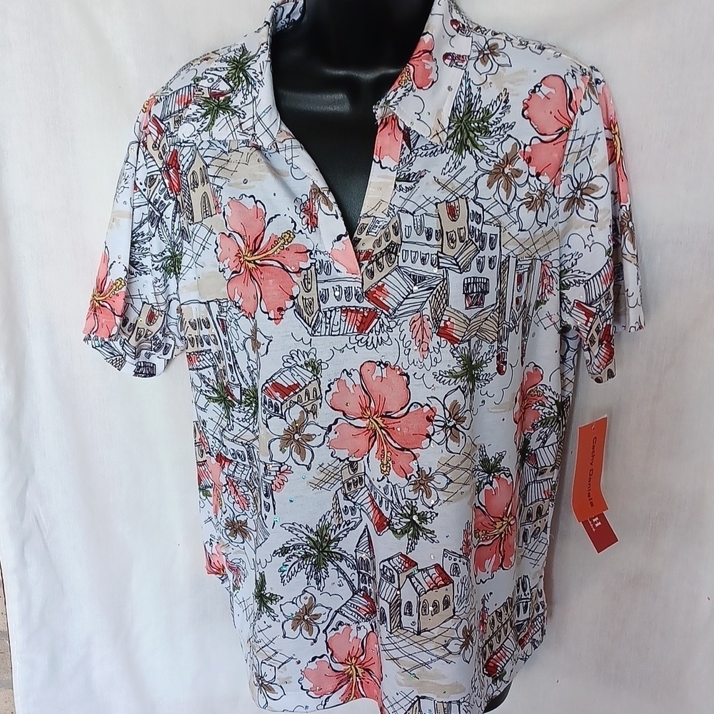 Cathy Daniels Floral Polo Shirt NWT Medium